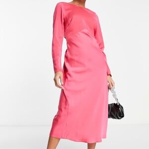 ASOS DESIGN satin long sleeve midi dress with drawstring back in pink NWT